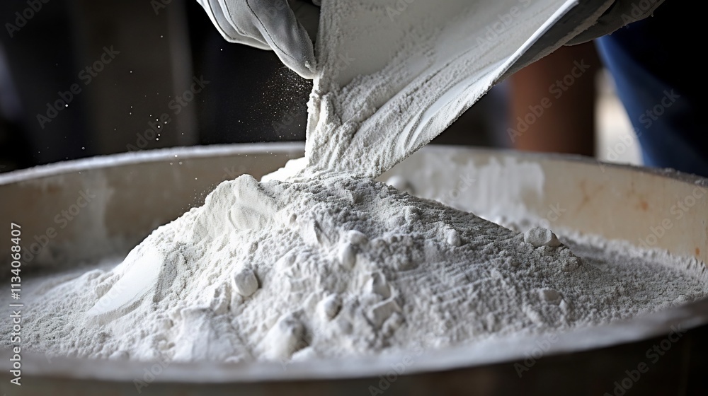 Poster close up view of powdered cement being poured into automated packaging machines on a factory product