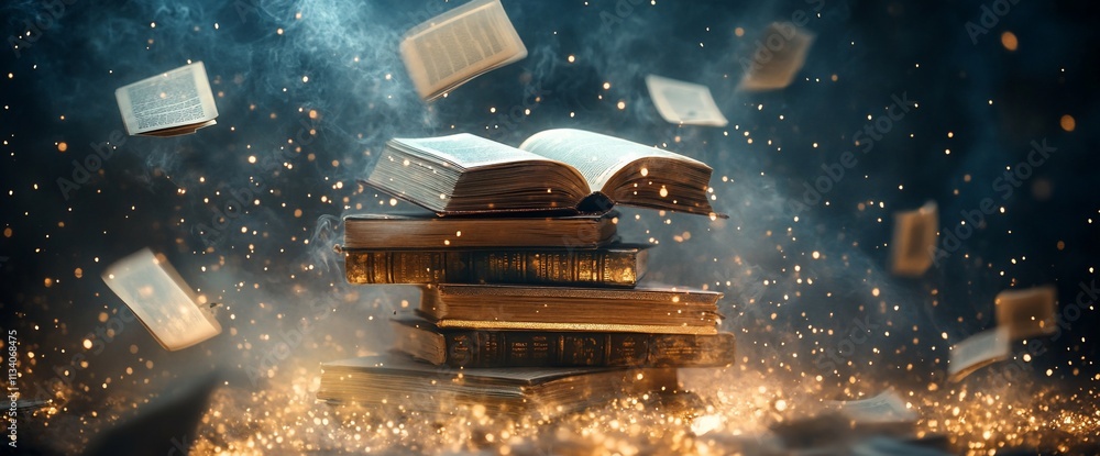 Aufkleber An enchanting scene of floating books and sparkling particles.