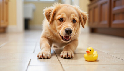 Golden retriever puppy plays with rubber duck in a cheerful indoor environment