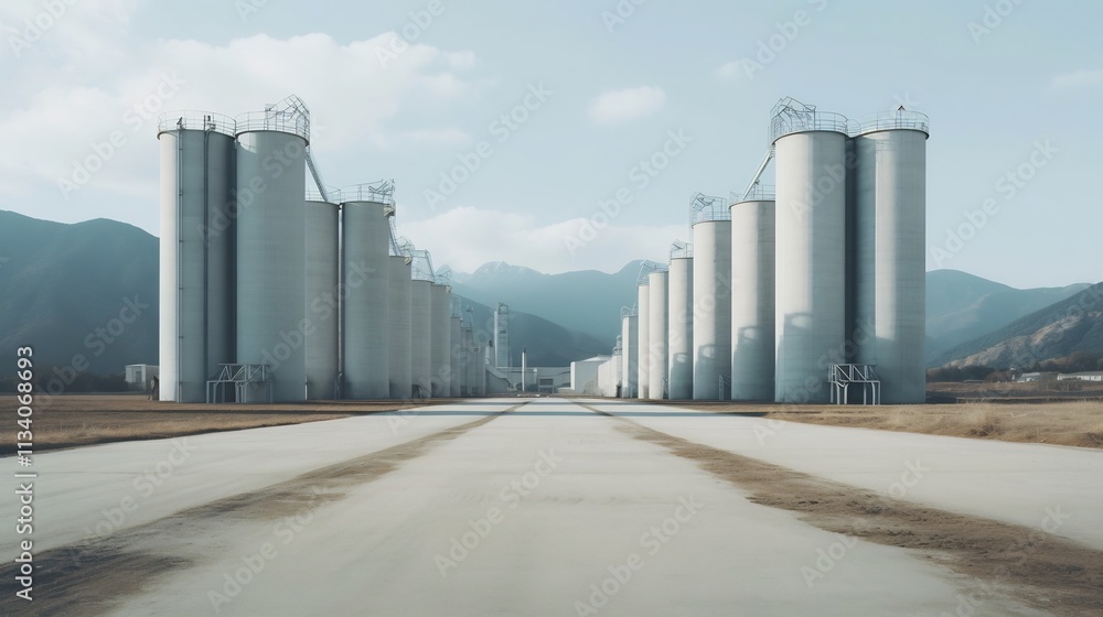 Poster interconnected silos and pipelines forming a network within a modern efficient cement production fac