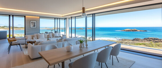Fototapeta premium Modern living room with ocean view and elegant furnishings.