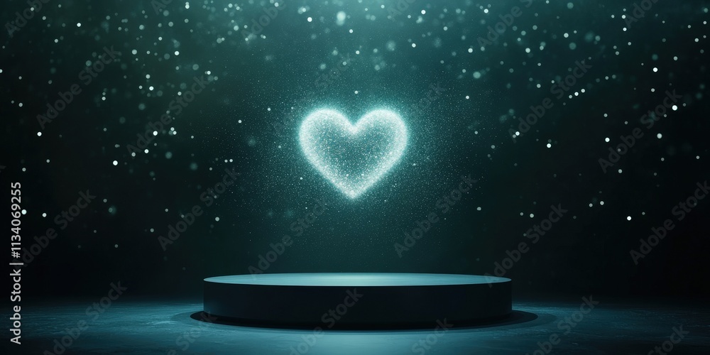 Poster a glowing heart shape floats above a circular platform, surrounded by shimmering particles in a dark
