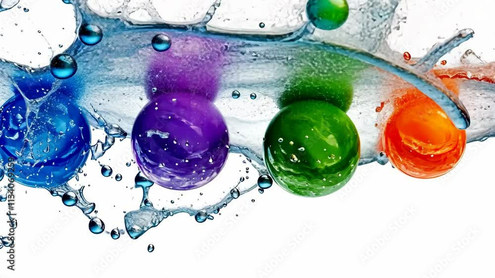 Poster colorful spheres splash through water, creating dynamic motion and vibrant visuals in a playful sett