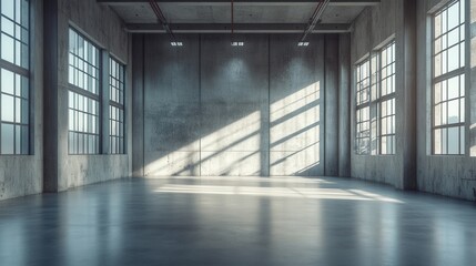 Sunlit industrial space urban loft interior photography minimalist design wide angle modern aesthetics for creative projects