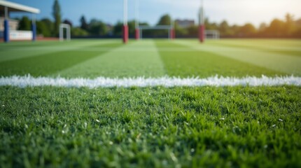 A close-up view of a rugby field with freshly painted lines and goalposts