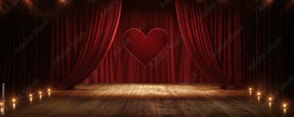 Poster a romantic theater stage with red curtains and a heart backdrop, illuminated by soft candlelight, cr