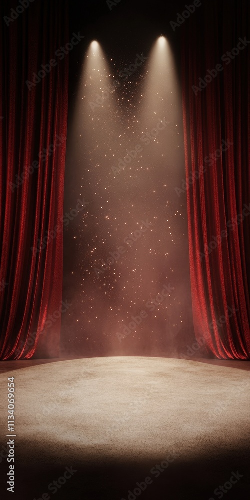 Poster a dramatic stage with red curtains and soft spotlighting, creating an inviting atmosphere for perfor