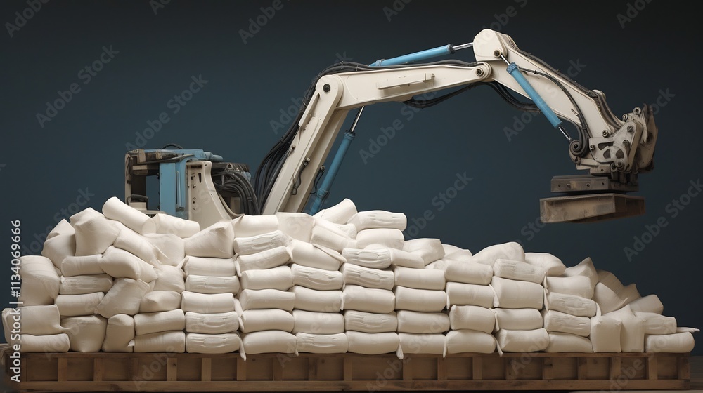 Poster robotic arms precisely and efficiently stacking cement bags onto pallets optimizing the transportati