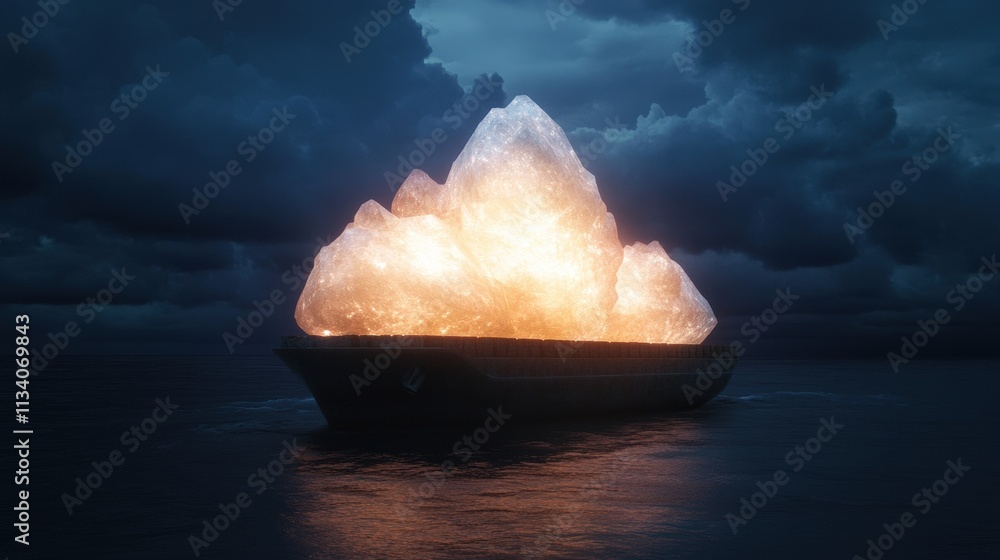 Poster a glowing iceberg-like structure on a boat under a moody sky, reflecting light on calm waters, creat