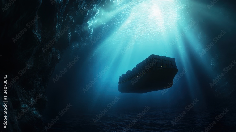 Poster a mysterious ship floats underwater, illuminated by beams of light filtering through the surface, cr