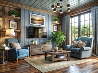 Fototapeta premium Drone view: Cozy shiplap living room, oversized armchair, reclaimed wood accents define rustic charm.
