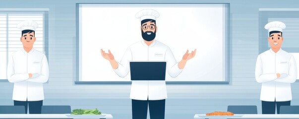Culinary training session for aspiring chefs cooking school illustration modern classroom engaging perspective skill development