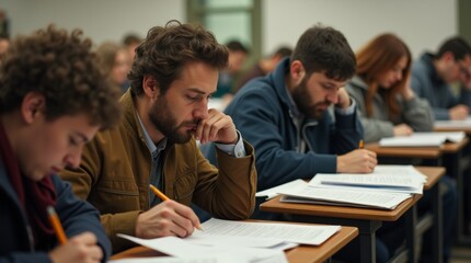 Fototapeta premium busy exam room filled with students taking their final exams, with papers, pencils, and focused expressions