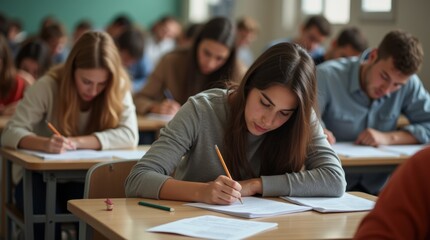 busy exam room filled with students taking their final exams, with papers, pencils, and focused expressions