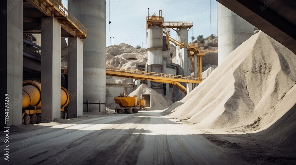 Poster wide angle view of an automated conveyor system feeding raw materials such as limestone clay and coa