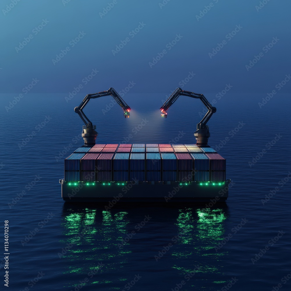 Poster a futuristic scene of robotic arms working on a floating platform surrounded by water, illuminated b