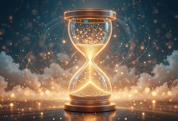 A glowing hourglass icon with digital particles swirling inside 