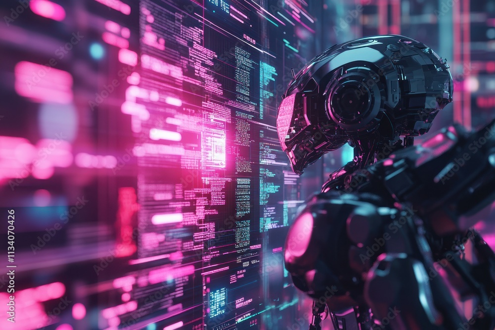 Poster futuristic robot interacting with digital interface