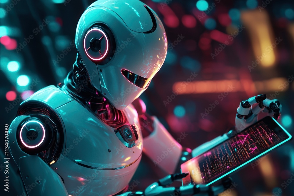 Poster futuristic robot with technology interface