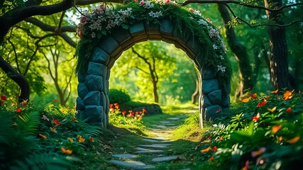 Stone Archway with Blossoms Leading to a Path in a Verdant Woodland