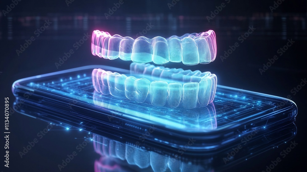 Poster digital representation of dental aligners above a smartphone interface.