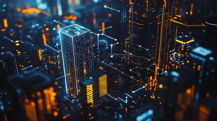 Smart digital Innovation city with connection network reciprocity over the cityscape. of future smart wireless digital city and social media networking systems that connects people with in city