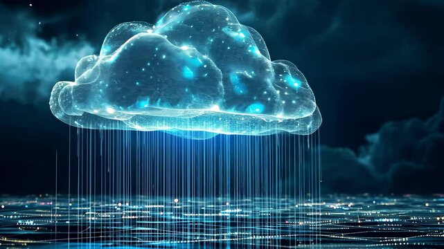 A blue cloud hovers over a city at night, casting an ethereal glow over the urban landscape, A serene video of a 'Data Cloud' with streaming bits and bytes