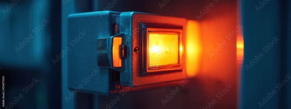 Poster illuminated control switch activation in industrial setting close-up view technology environment ene