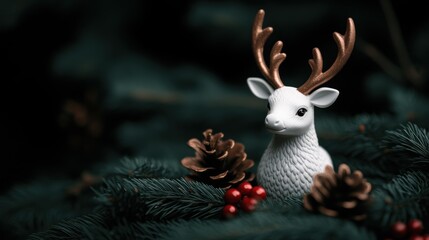 A decorative white deer figurine with golden antlers sits among pine branches and cones, creating a festive atmosphere, Ideal for holiday themes, crafting, and seasonal decorations,