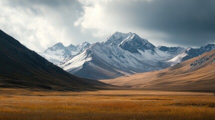 Fototapeta premium Majestic mountain landscape with grassy plains under a dramatic sky.