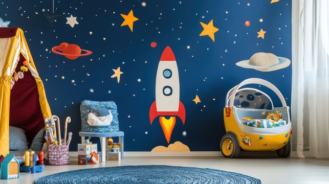 A playful nursery design featuring a small rocket blasting off into a starry night for a space exploration theme