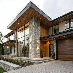The exterior showcases materials like natural stone, brick, and wood siding.