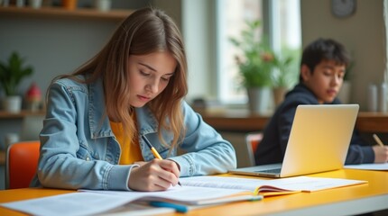 Fototapeta premium student studying for exams with a laptop, notes, and a study guide spread out on a bright desk