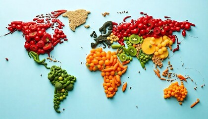 A world map made of various healthy foods including fruits, vegetables, grains, and legumes. The continents are represented by different colored food, created with generative ai