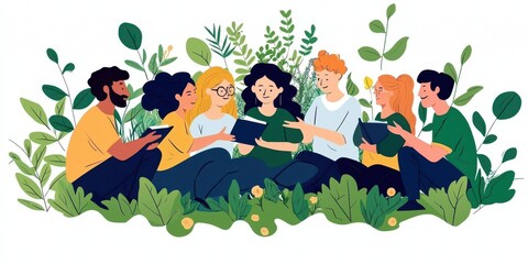 Group of friends reading together in nature outdoor setting illustration lush environment engaging concept for community bonding