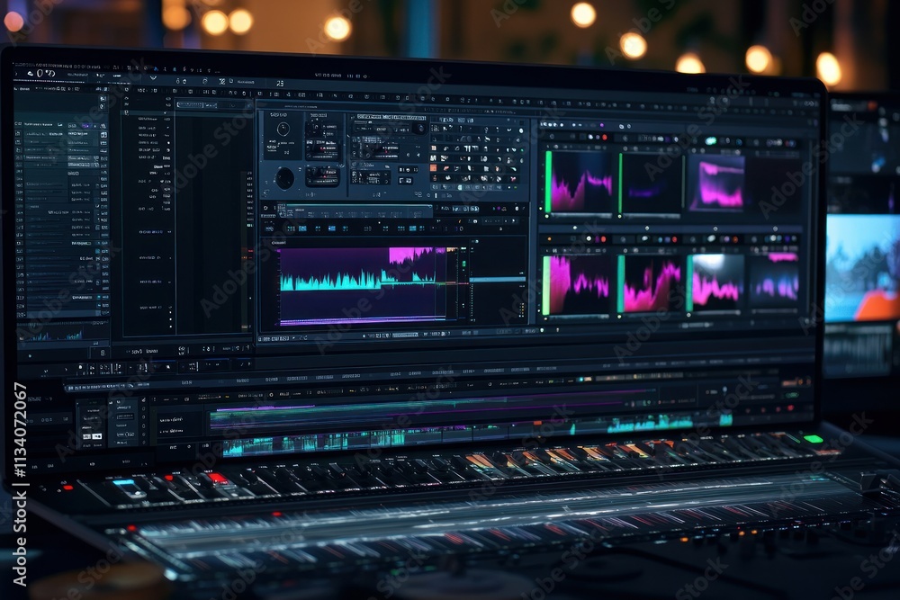 Poster audio editing software interface with colorful waveforms