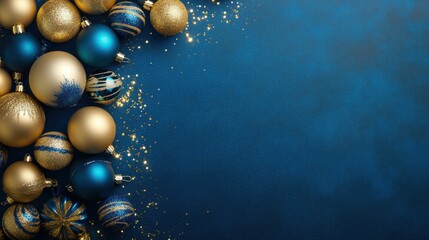 A vertical composition of gold and blue Christmas ornaments elegantly arranged on a deep blue background, radiating festive cheer and sophistication.