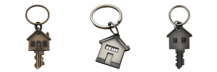 Set of house shaped keychain isolated on a transparent background