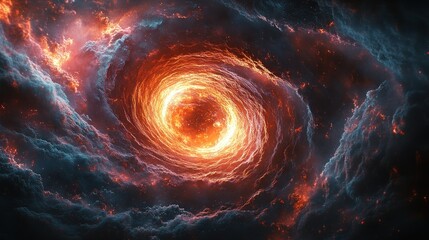 A vibrant cosmic swirl depicting a galaxy with fiery colors and swirling clouds.