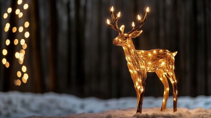 A decorative illuminated deer stands in the snow, surrounded by a dark, wooded backdrop, This enchanting image is perfect for holiday themes, winter decorations, or cozy seasonal marketing materials,