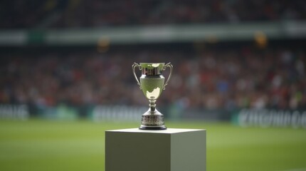Six Nations Cup trophy placed on a simple pedestal against a blurred background, emphasizing its significance and the glory of winning the tournament