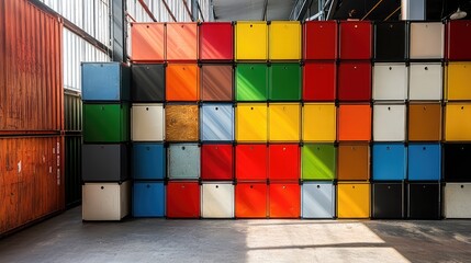 Modular storage units stacked neatly in an industrial setting, creating a grid-like visual pattern with bold, vibrant colors