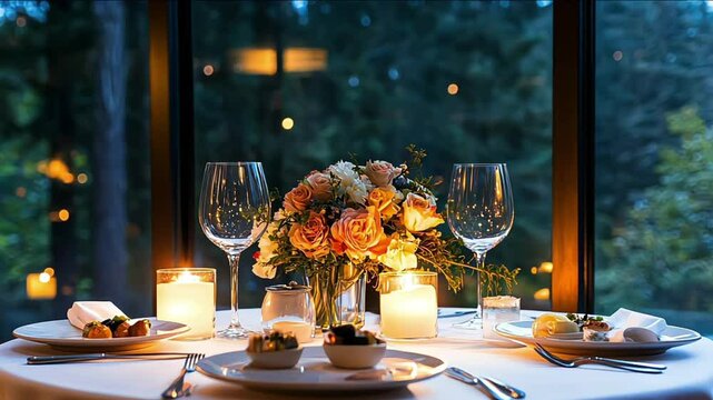 Elegant dinner table setup with flowers and candles at sunset in a garden restaurant