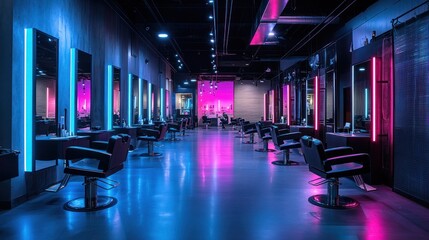Modern hair salon with vibrant lighting and stylish chairs for hair services.