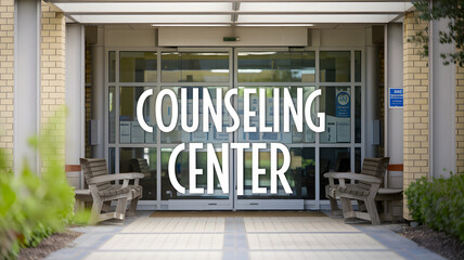 Naklejka premium Campus counseling center entrance, a welcoming space for students seeking mental health support and guidance, fostering a nurturing environment for personal growth and well-being.