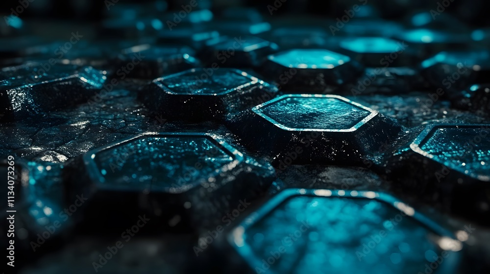 Poster dark blue hexagonal pattern, futuristic texture.
