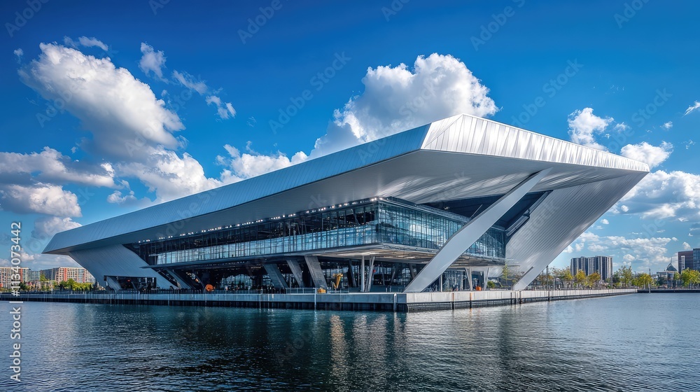 Poster a sports arena with a striking, angular roof design that appears to float above the structure on sle