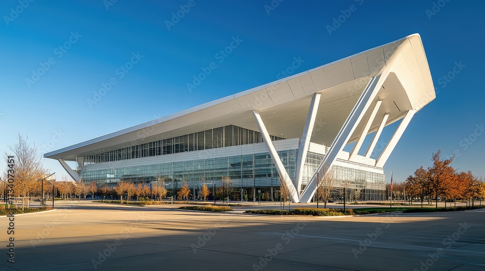 Poster a sports arena with a striking, angular roof design that appears to float above the structure on sle