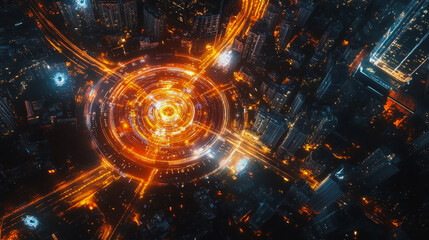 Obraz premium Smart digital Innovation city with connection network reciprocity over the cityscape. of future smart wireless digital city and social media networking systems that connects people with in city