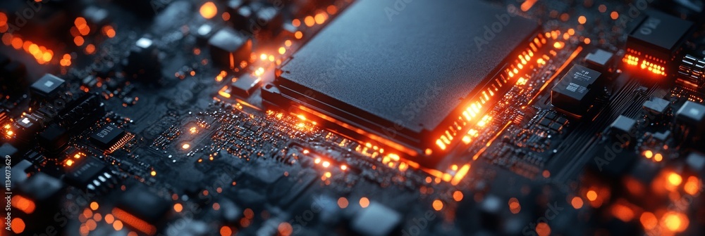 Poster close-up of illuminated circuit board with central processor. (1)